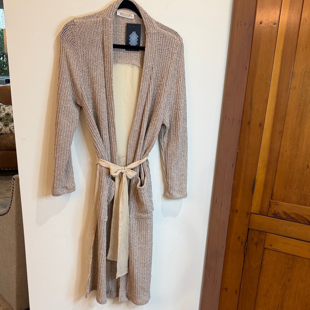 Wanderlux Long Knit Cardigan/Duster w/Tie Belt - Beige/Cream, XS